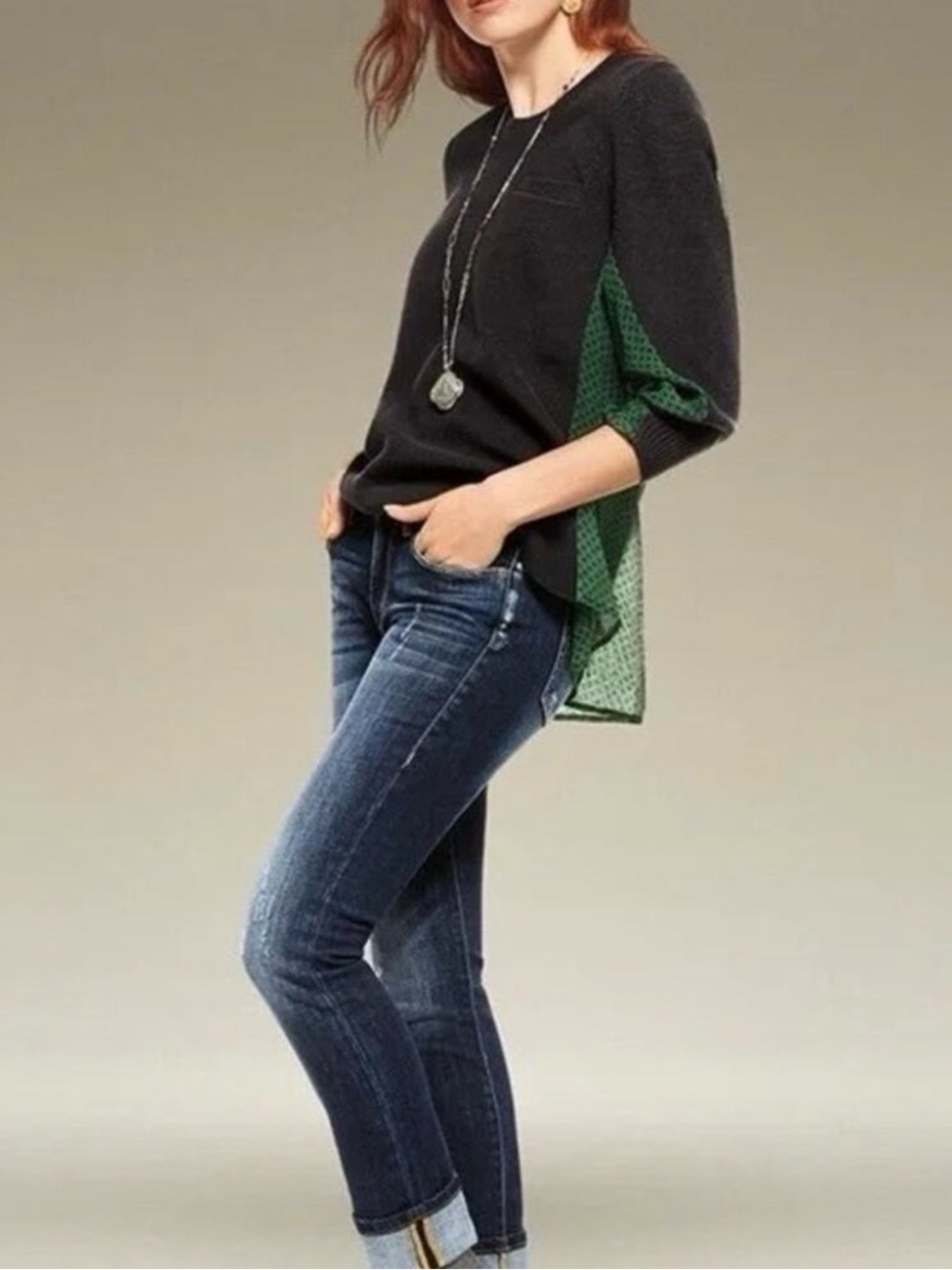 Cabi Style 3520 Get Together Sweater Top Combo Size Medium Green Black